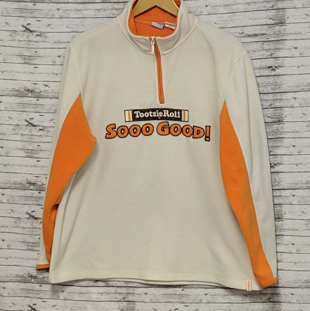 🦋 Tootsie Roll Sz:L white & orange fleece halfzip